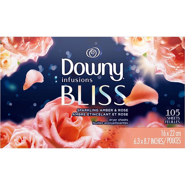 Downy Infusions Fabric Softener Dryer Sheets, Bliss, Sparkling Amber & Rose, 105 Sheets (Pack of 1)