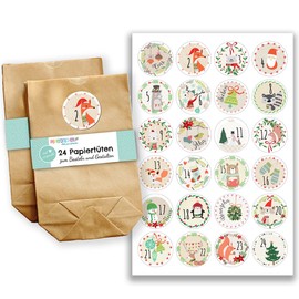 Papierdrachen Adventskalender zum Befüllen - mit 24 braunen Papiertüten und 24 bunt bedruckten Aufklebern - zum Selbermachen und Basteln - Mini Set Nr 22 - Weihnachtskalender für Kinder