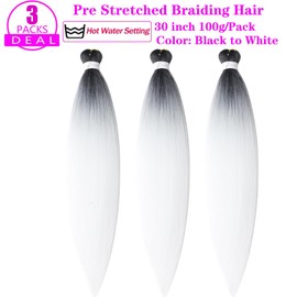 Pre Stretched Braiding Hair Extensions 30 Inch 3 Packs Crochet Twist Braids Hair High Temperature Synthetic Fiber Braid Hair Hot Water Setting（30",Black-White）