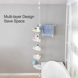 BAOYOUNI 5-Tier Shower Corner Caddy Tension Pole Rod Bathroom Shelf Organizer Adjustable Storage Rack Stand Shampoo Soap Holder with Towel Bar, Ivory