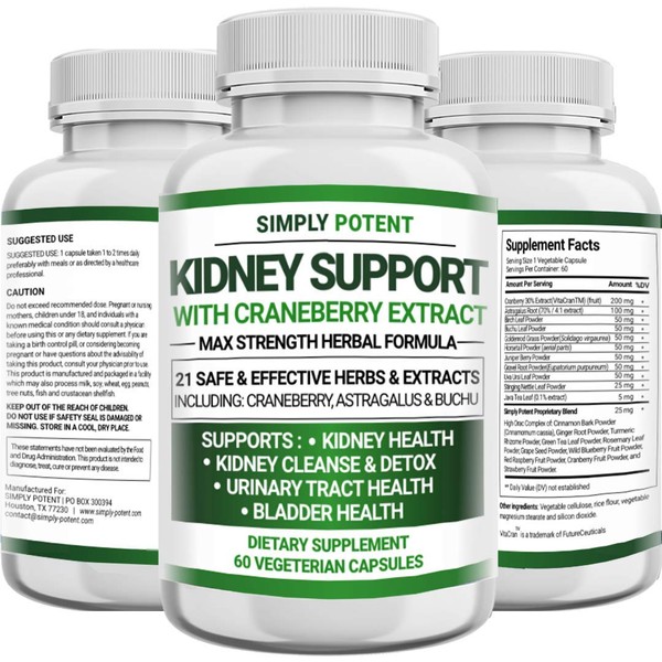 Kidney Support Supplement, Kidney Cleanse Detox & Repair Formula for Kidney Health & Restore, 705mg Pills with 21 Herbs - Cranberry Astragalus & Juniper for Bladder & Urinary Tract Health, 60 Capsules