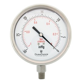 4" All Stainless Steel Oil Filled Vacuum Pressure Gauge - 1/4" NPT Lower Mount, 30HG/0PSI