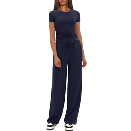 Darong Women's 2 Piece Lounge Set Fashion Travel Outfits Airport Tracksuit Comfy Wide Leg Loungewear 9087B Dark Blue M
