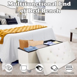 LITZFUR Storage Ottoman Bench, 43 Inch Foldable Ottoman with Legs, Velvet Foot Rest Stool, End of Bed Bench, Storage Chest for Living Room, Bedroom (Beige)