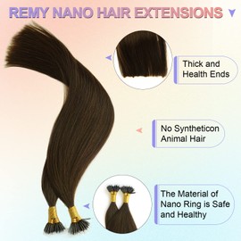 KOCONI 20 Inch Dark Brown Nano Rings Hair Extensions Real Human Hair Extensions #2 Double Drawn Nano Ring Hair Extension Nano Tip Beads Human Hair Extensions 50g 1g/Strand