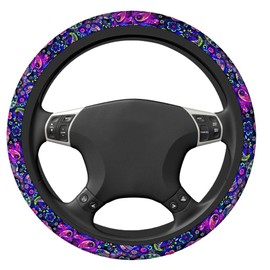 Swono Sugar Skull Steering Wheel Cover Abstract Purple Sugar Skull and Paisley Flower Skull Anti-Slip Car Wheel Wrap Compatible with Most Auto Cars Trucks with 15 Inch Steering Wheels