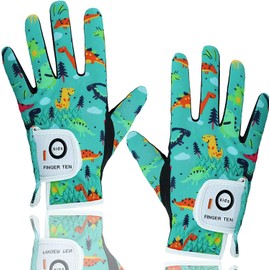 FINGER TEN Golf Gloves Kids Left and Right Hand Rain Grip Breathable All Weather Soft Value Pair, Golf Gloves for Girls Boys Non Slip Durable Comfortable Color Black Green White (Green, L)