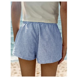 RoseSeek Women's Boxer Shorts Striped Straight Leg Low Rise Baggy Shorts Lounge Pajama Bottoms Shorts Blue and White L