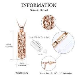 Cylinder Bar Cremation Jewelry Tree of Life Urn Ashes Necklace for Women Men Stainless Steel Vial Cremation Ash Pendant Holder Loved One's Ashes Keepsake Memorial Jewelry, Cubic Zirconia, No Gemstone