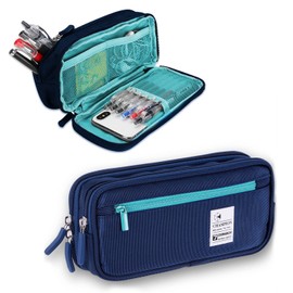 Akura Pencil Case, Large Capacity, Pen Pouch, Canvas, Simple, Multifunctional, For Students, Professionals, Stationery, Double Zipper, Built-in Pocket, blue