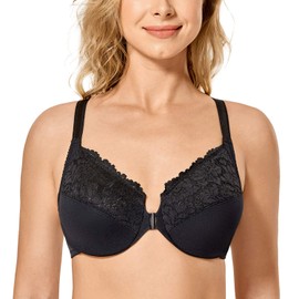 DELIMIRA Women's Front Fastening Bra with Underwire, Full Coverage, Large Sizes, black