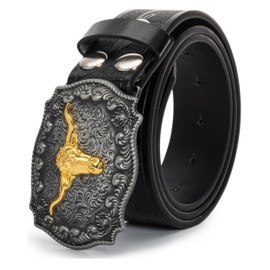 Bawnhaw Western Cowboy-Belts for Men Women Big-Buckle Longhorn-Bull PU-Leather Rodeo Cowgirl-Belt Engraved Floral Black - Waist 25-29",7H