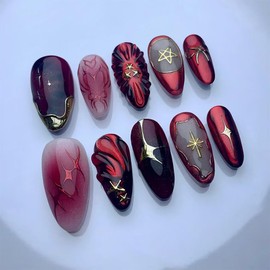 Almond Press on Nails Red Gradient Fake Nails Medium French Tip Acrylic Nails 3D Embossed Shell False Nails with Star Designs Glossy Full Cover Stick on Nail for Women Girls 24PCS