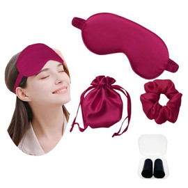 JK Home JK Home Silk Eye Mask Travel Set with Pouch Earplug and Hair Scrunchies, Satin Sleep Mask Soft Eye Cover Eyemask for Women Men Blackout with Elastic Strap for Night Travel Nap Red