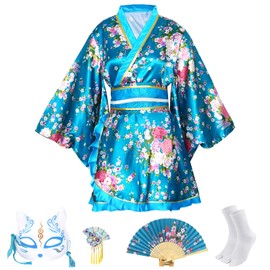 CRFASIBE Pack of 5 Women's Short Kimono Robe, Traditional Japanese Sakura Print Kimono, Geisha Yukata Dress, Cosplay Costume Set with Accessories, blue, Unit size