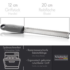 Winzbacher® Premium Zester / Grater, Parmesan / Lemon / Nutmeg / Ginger Grater and Much More Razor-Sharp Stainless Steel Blade, Dishwasher-Safe, Incl. Protection & Cleaning Brush