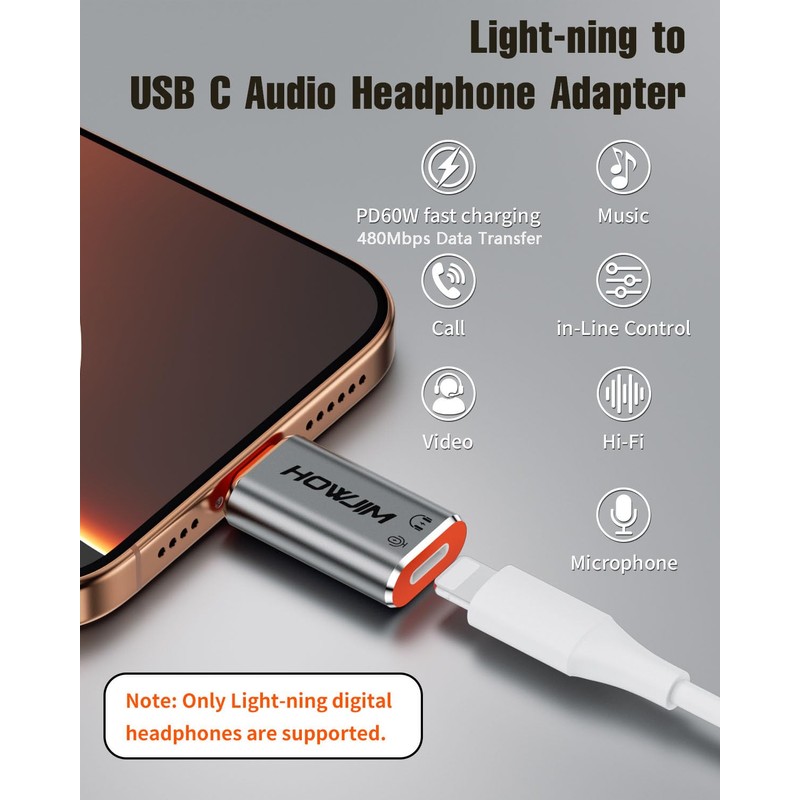 HOWJIM USB C to Light-ning Headphone Audio Adapter,PD60W Fast Charging