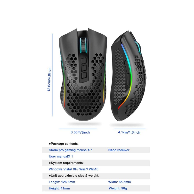 Redragon Mouse inalambrico Gamer Ligero RGB Storm Pro conexión 2.4