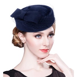 Z&X Winter Wool Fascinator British Pillbox Hat Women Wedding Church Derby Beret Hat Veil Bow Fedoras Navy Blue