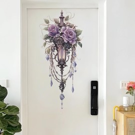 Vintage Purple Street Lamp Flower Vine Wall Stickers, sacinora Rose Peony Floral Art Wall Decals Removable Vinyl Peel and Stick for Living Room Bedroom Nursery Playroom Door Decorations