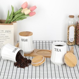 OGANAZI 3 Pack Ceramic Canister Set with Bamboo Lids and Handle Tray, Coffee Tea Sugar Container Set, White Ceramic Storage Jar Kitchen Canister for Countertop, Pumpkin Style