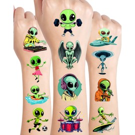 YanZonic 184Pcs Alien Temporary Tattoos - Green Alien Decor Stickers Party Favors Tattoos for Alien Party Decorations, UFO Space Theme Birthday Party Decorations