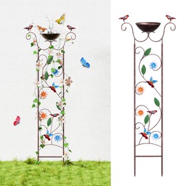 Glirops Bird Bath for Outside - Antique Iron Bird Bath with Trellis,Detachable Decorative Hummingbird Bowl,Metal Plant Support for Climbing Flowers,Elegant Outdoor Garden Feature (Hummingbird)