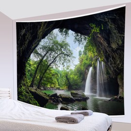 Mountain Cave Nature Tapestry Wall Hanging Forest Landscape Tapestries Waterfall Large Tapestry for Bedroom Dorm Decor 91x71 Inches