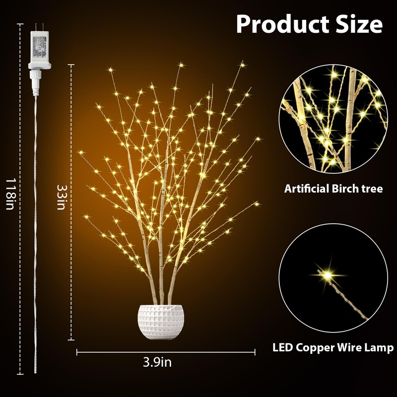 Lighted Birch Branches Plug in with Timer 33IN 180 LED