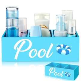 CroBlissful Pool Storage Basket Blue Summer Wooden Box with Three Compartments Toilet Tank Tray for Indoor Outdoor Swimming Decor Sunblock Sunglasses Pool Toy Storage Box