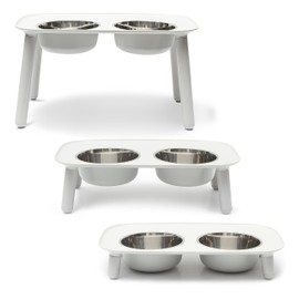 Messy Mutts Elevated Double Feeder with Stainless Bowls | Adjustable Height 3”, 5”, or 10” | Adjustable Standing Feeder for Dogs | 5 Cups per Bowl | Light Grey
