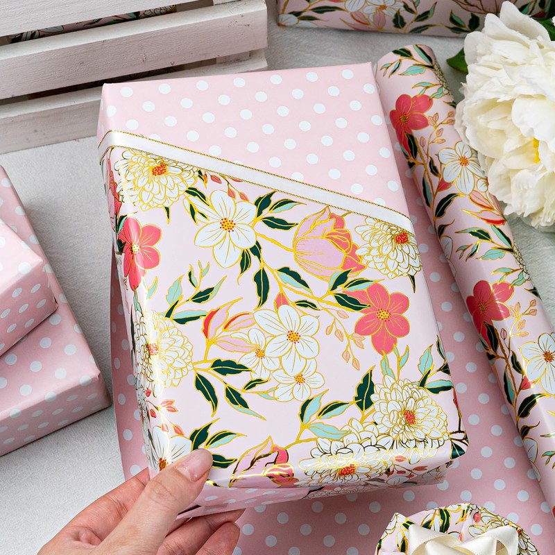 MAYPLUSS Pink Flower Wrapping Paper Roll, Gold Edge Design Floral