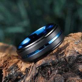 King Will Anillo de 8 mm Negro cepillado Acabado carburo de tungsteno para hombre azul thin escalonado biselado Borde Boda Banda