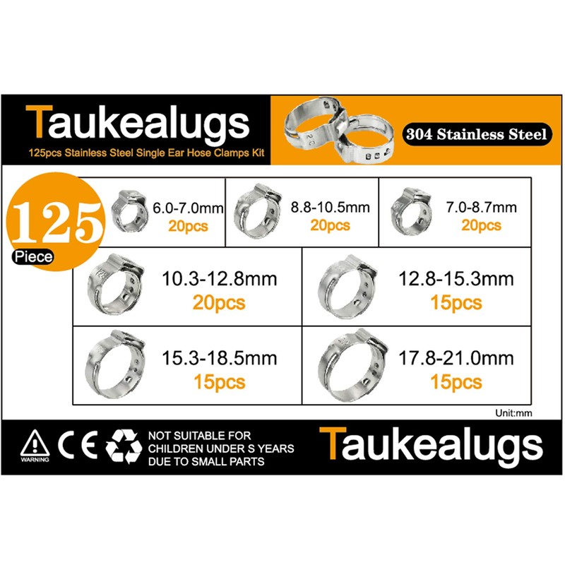 125PCS Single Ear Hose Clamps 7-21mm Sizes 304 Stainless Steel