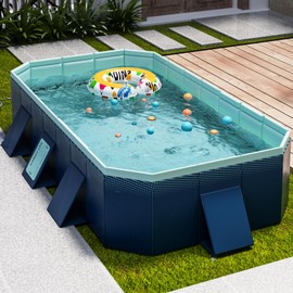 Non-Inflatable Swimming Pool, Foldable Hard Plastic for Indoor Outdoor Use, Heavy-Duty Portable Water Play Pool for Backyard Patio Garden – No Air Pump Needed – 100" L x 52" W x 21" H
