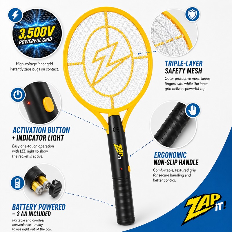 Electric Fly Swatter Racket for Insect Control – 3,500V Portable