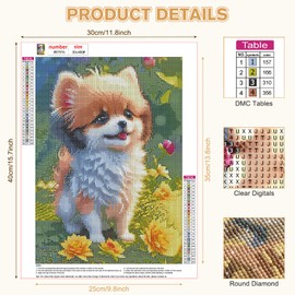 HEIBAGO Dog Diamond Painting Kits for Adults, 5D DIY Cute Dog Diamond Art Kits with Full Drill Gems, Flowers Diamond Dots Set for Relaxation and Stunning Home Decor, 12x16 inch Canvas
