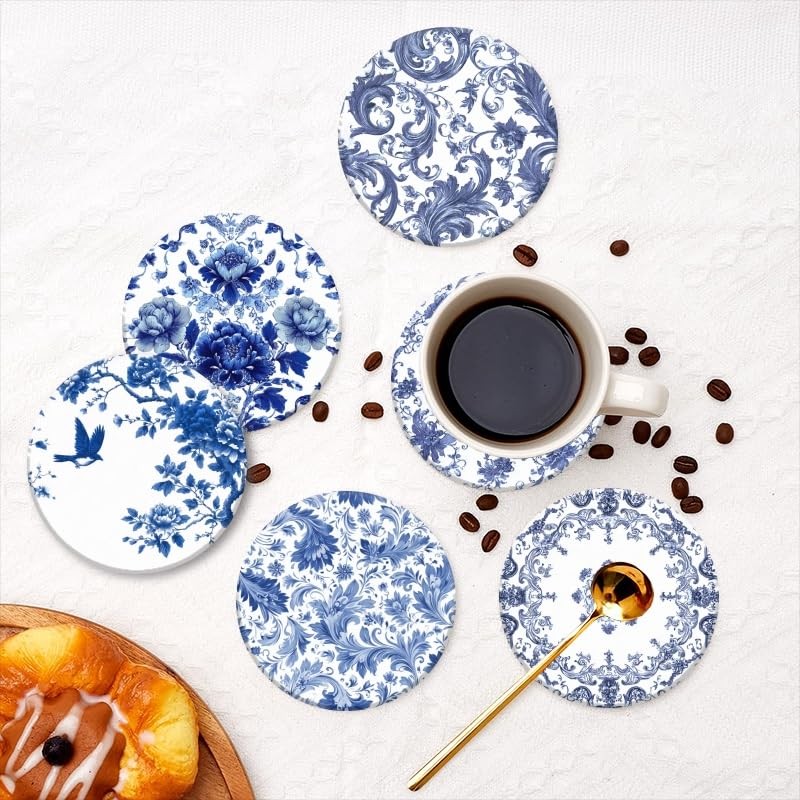BaHomeck Absorbent Coasters for Drink Set of 6,Bule and White