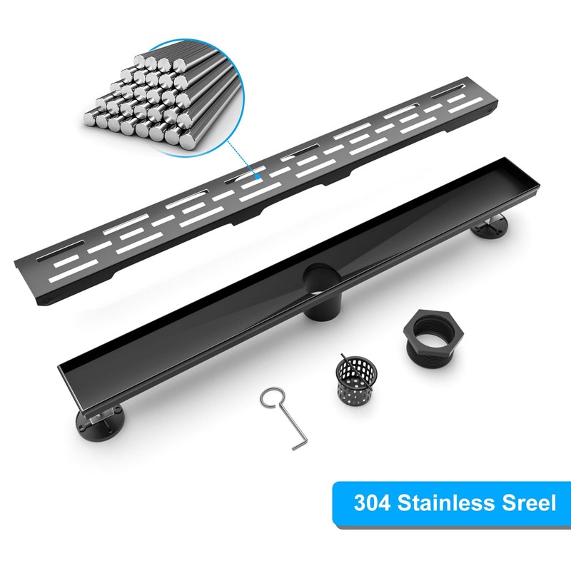 Fibetter 24 Inch Black Linear Shower Drain, Rectangular Shower Floor