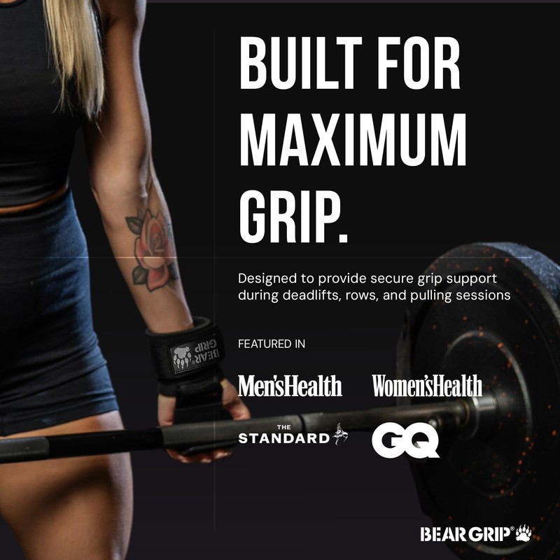 BEAR GRIP Weight Lifting Hooks, Non-Slip Rubberised Grips (Black)