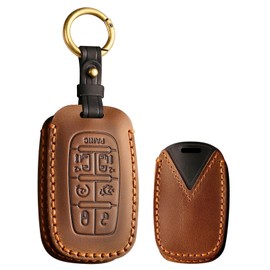 TECART Leather Smart Key Fob Case Cover Protector with Leather Key Holder Fit for Chrysler Pacifica 2017-2024 7 Button, Brown