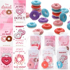 ReliThick 36 Sets Valentines Day Gifts Included 36 Donut Erasers with 36 Donut Cards 36 Organza Bags Mini Fun Food Erasers Bulk for Valentine Exchange Prizes Party Favor