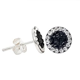 ENTREPLATA 925 Sterling Silver Mosaic Microsetting Earrings for Women Girls Boys with Small Cubic Zirconia White and Black Shiny 8mm, Sterling Silver