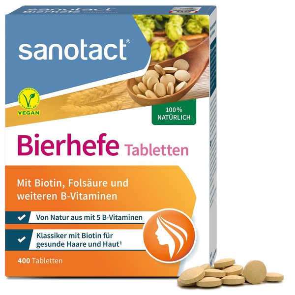 Sanotact Bierhefe, Brewer's Yeast Tablets, 400 pcs, Dietary Supplement with 6 B Vitamins, Vegan, 100% Natural
