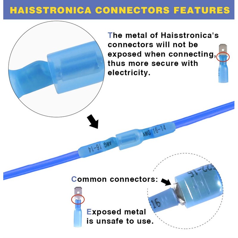 haisstronica 100pcs Blue Heat Shrink Female Spade Connectors,16-14 Gauge Insulated