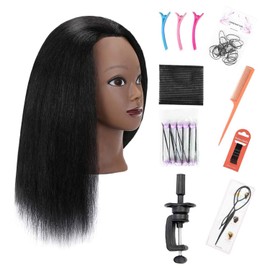 SOPHIRE - Cabeza de maniquí de pelo 100% real con soporte, para peluquería y cosmetología, maniquí de entrenamiento y práctica, color negro