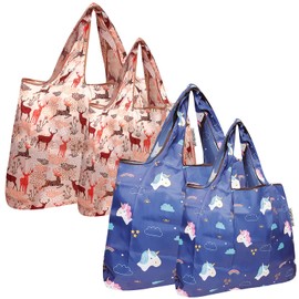 Bowbear Foldable Nylon Reusable Shopping Grocery Bag (Set of 4), Unicorns & Wilderness