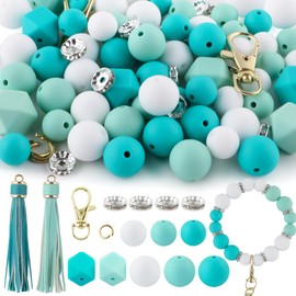 Sunrony 60Pcs Mixed Turquoise Mint White Tassels Keychains Rhinestone Spacer Round Hexagon Silicone Beads for Keychain Making and Necklace Bracelet, 12mm 14mm 15mm Silicone Beads for Pens Crafts