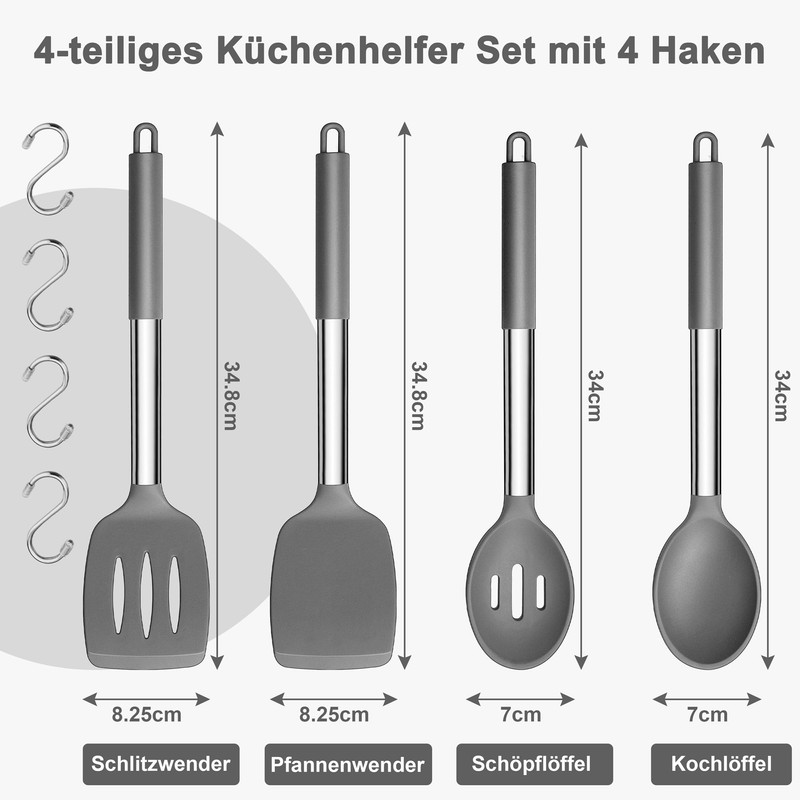Küchenhelfer Set, Joyfair 4 Stück Silikon Pfannenwender und Kochlöffel Set,