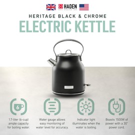 Haden Heritage 1.7 Liter Stainless Steel Electric Kettle, Hot Water Kettle with 360-Degree Base and Auto Shutoff, Black & Chrome